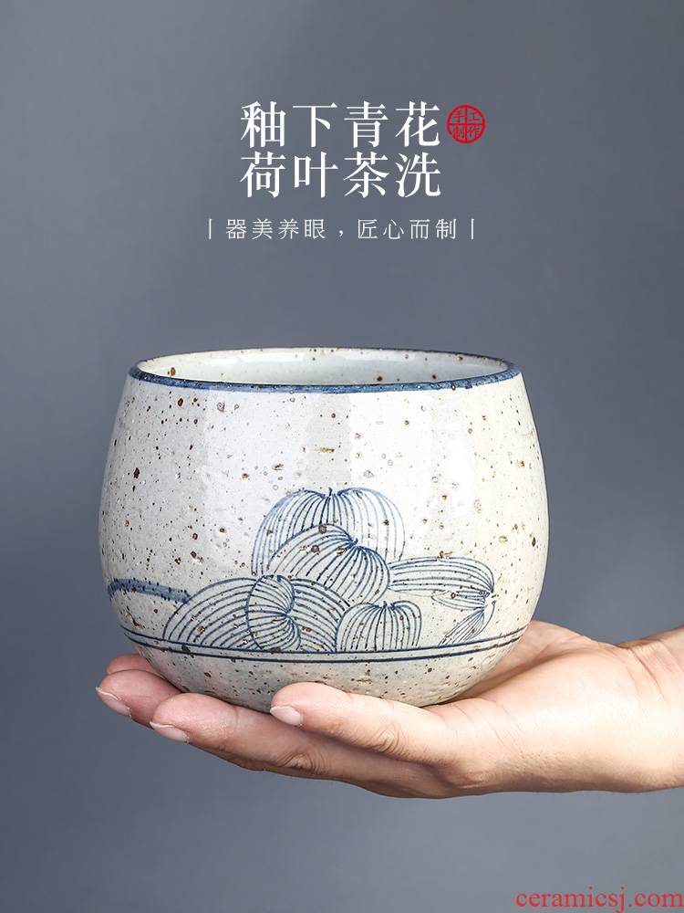 Jingdezhen coarse pottery blue hand draw four zen tea wash lotus num, after the Japanese slag bucket tea bath accessories