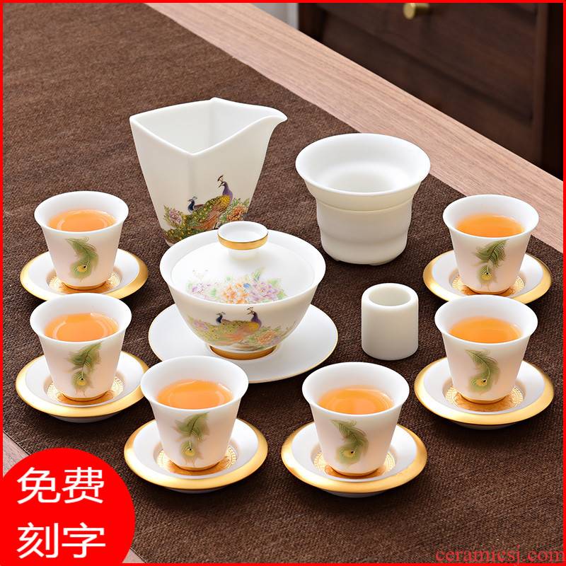 Dehua suet jade white porcelain tea set household kung fu tea tureen that receive a visitor the teapot tea set suit high - end office