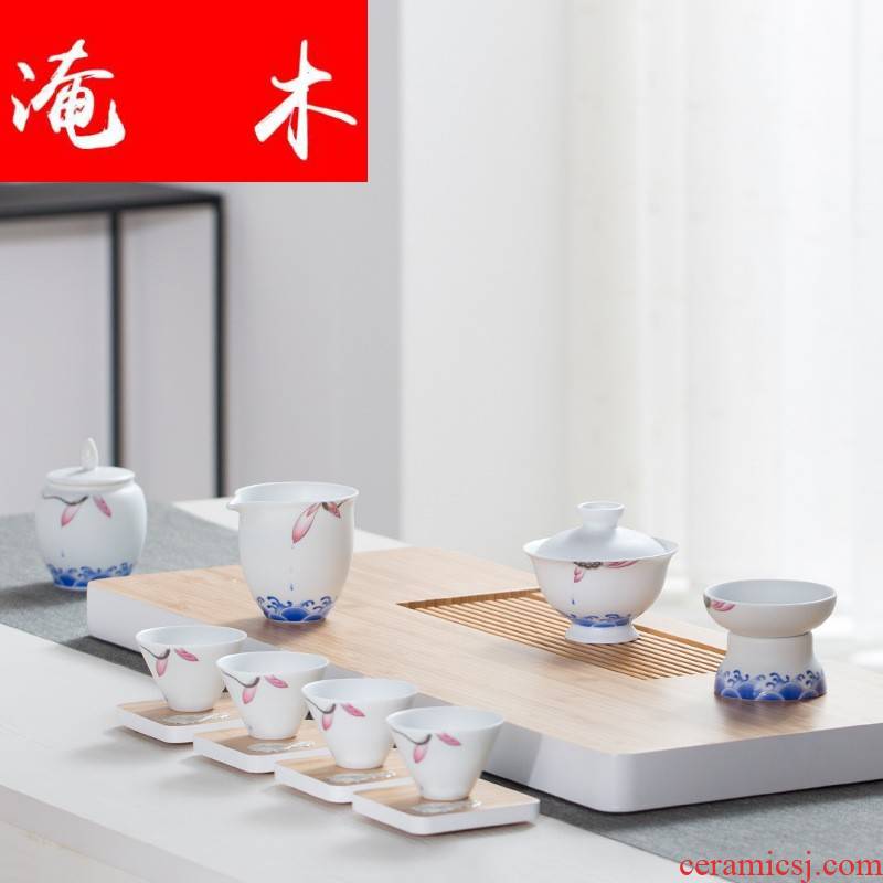 Submerged wood jingdezhen blue and white porcelain lotus rhyme tea set tea cups tureen) fair keller gift boxes logo