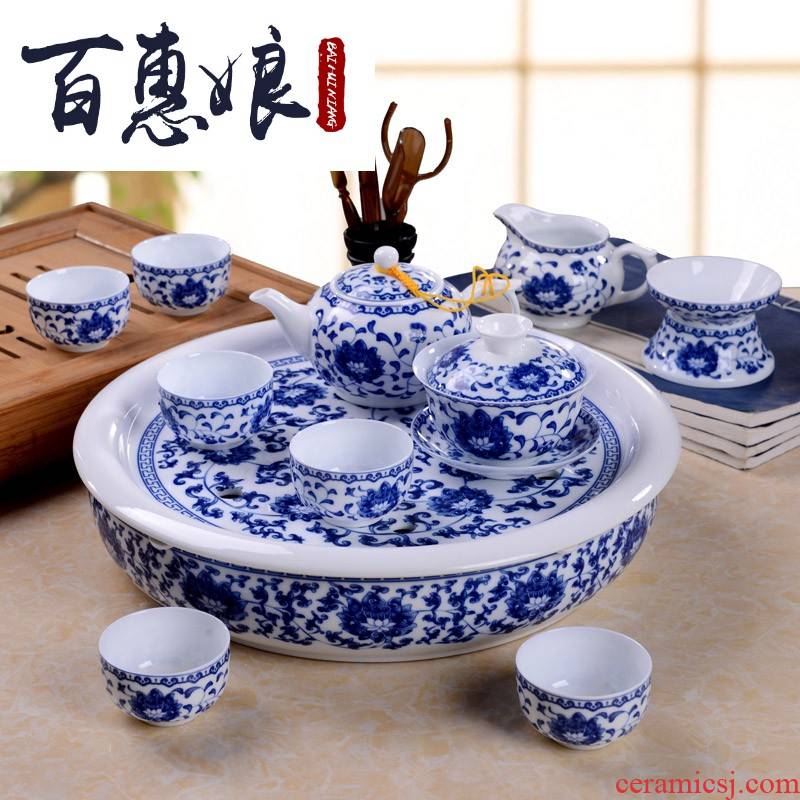 (niang jingdezhen 12 pieces in blue and white glaze ceramic thin foetus kung fu tea sets tea cups of a complete set of household