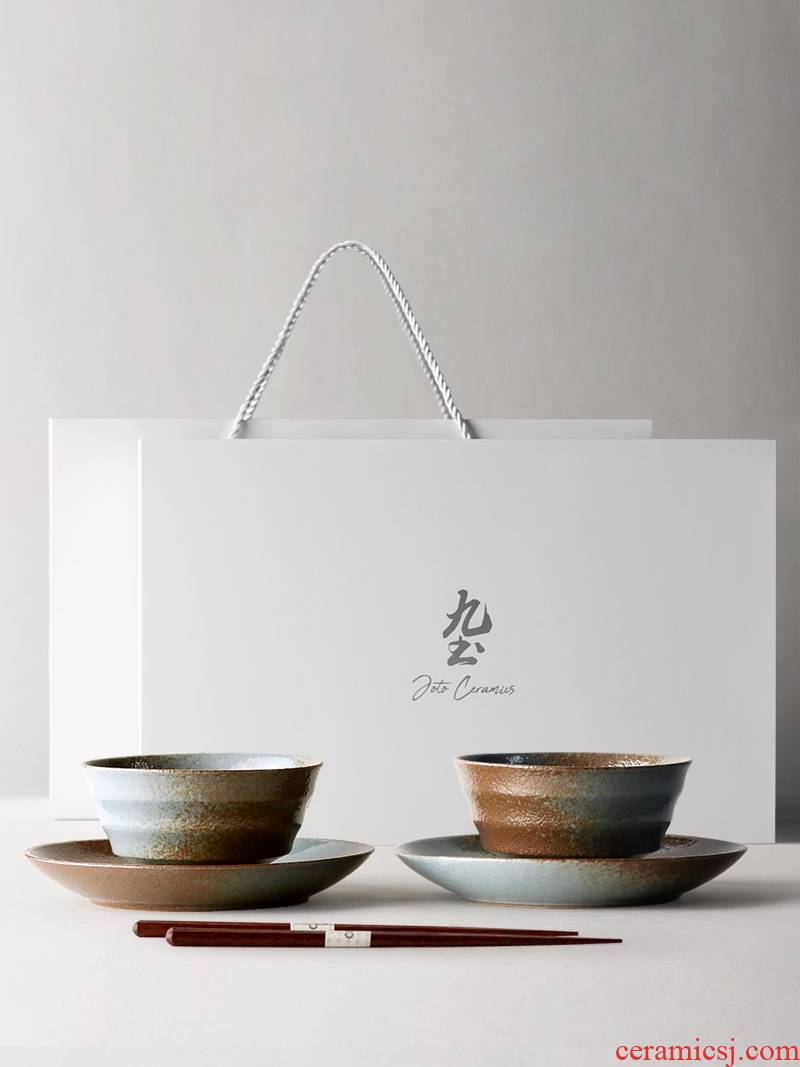 Nine, soil Japanese people eat coarse pottery food dishes chopsticks household tableware suit retro ceramic bowl rainbow such as bowl gift boxes
