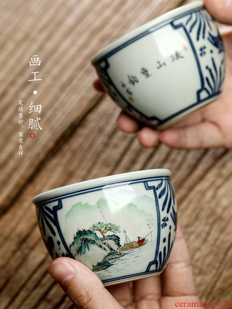 Jingdezhen blue and white porcelain teacup master cup single CPU male kung fu tea set sample tea cup single hand - made landscape tea urn