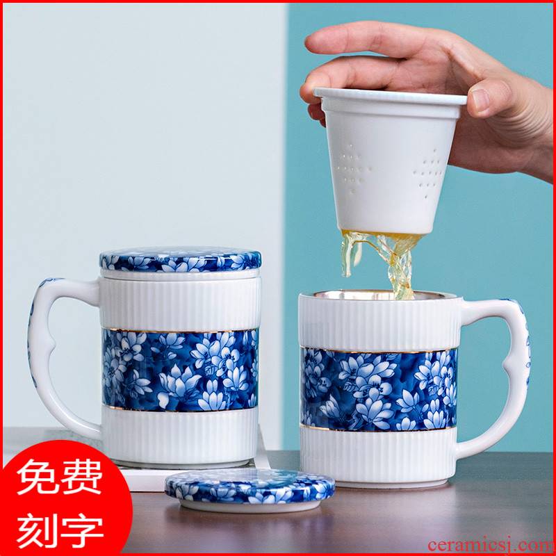 Jingdezhen blue and white porcelain cup lid with handle ceramic glass office female male silver cup 999 sterling silver tank