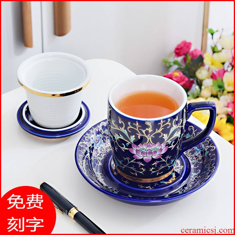 Jingdezhen porcelain enamel tea cup filter high - grade office ms silver cup 999 sterling silver male cup