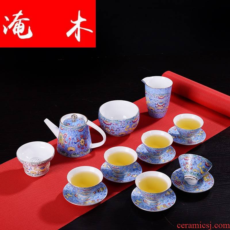 Flooded wooden tea service suit household jingdezhen colored enamel teapot teacup tureen wind restoring ancient ways of a complete set of ceramic tea