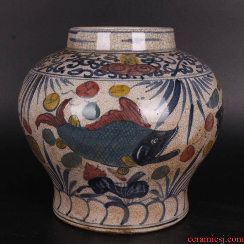 Ming blue and white youligong lines can of antique crafts porcelain altar red fish bath home furnishing articles antique Chinese antique collection