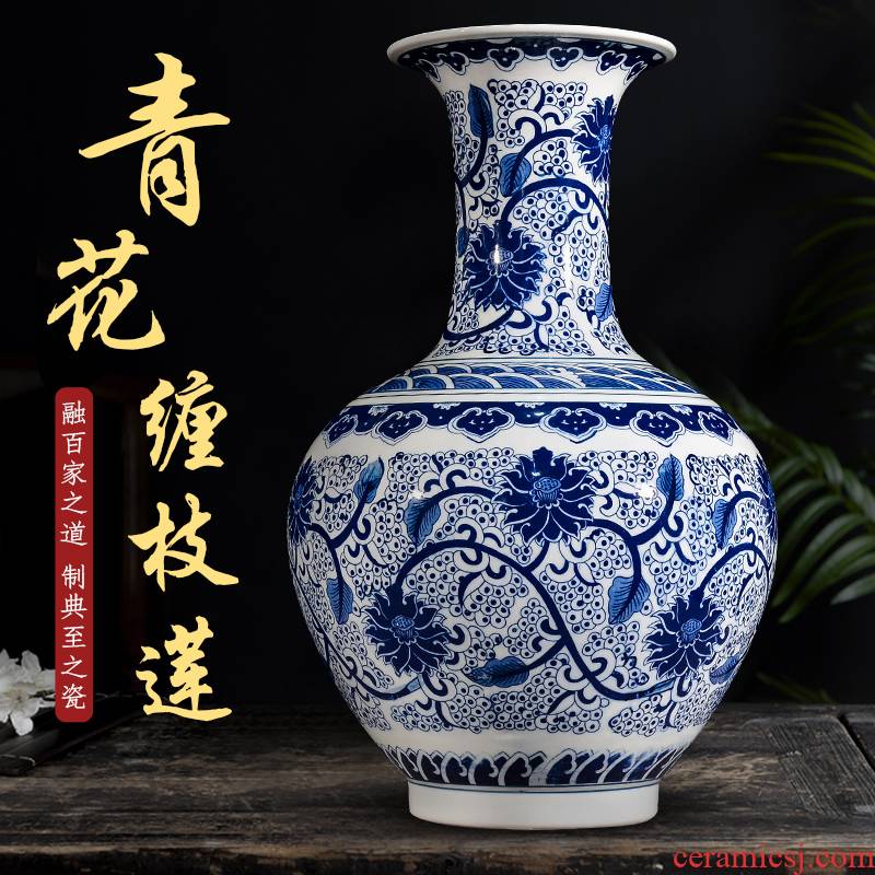 Jingdezhen blue and white ceramics bound branch lotus large vases, flower arranging household decorates sitting room porch place TV ark