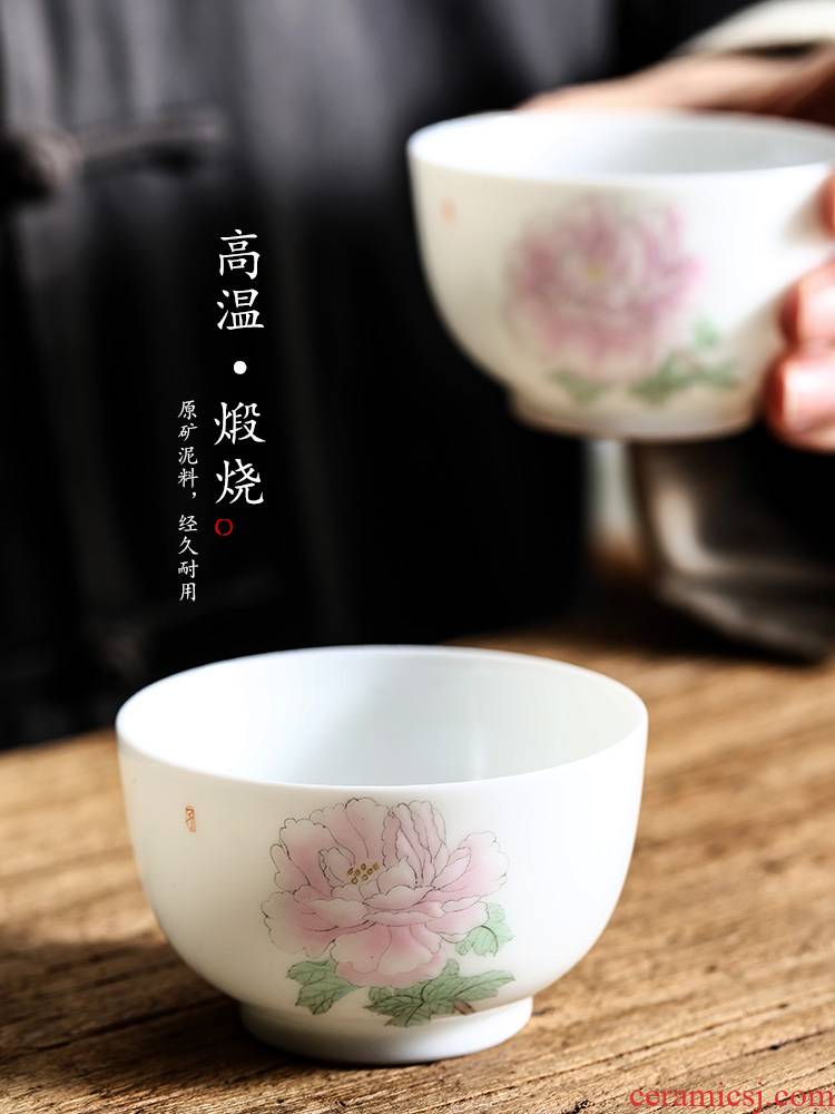 Jingdezhen hand - made ceramic kung fu tea cups white porcelain sample tea cup single cup pure manual peony masters cup single tea set