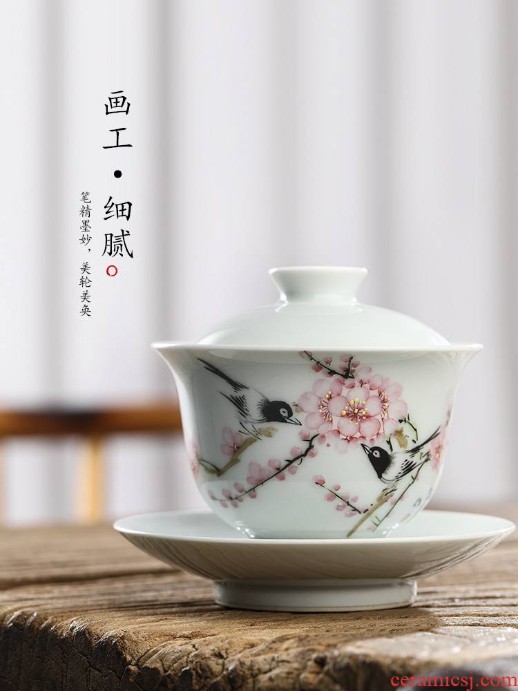 Jingdezhen pure manual only three tureen Xu Jiaxing hand - made points peach blossom put tea bowl of hot water large - sized kung fu tea set