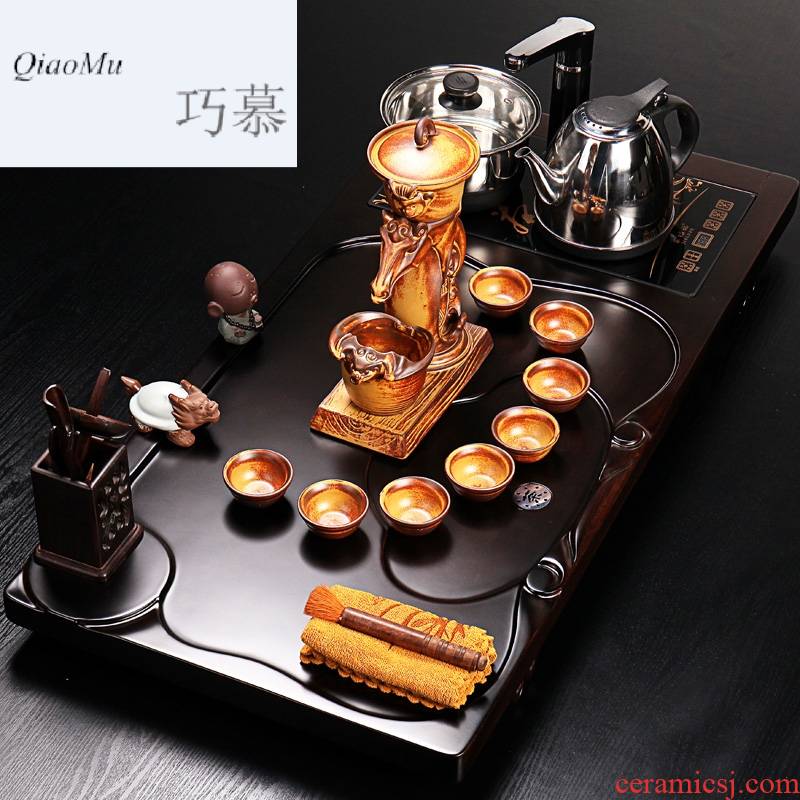 Qiao mu ebony wood tea tray of a complete set of kung fu tea sets coarse pottery stone mill your up four unity induction cooker tea table