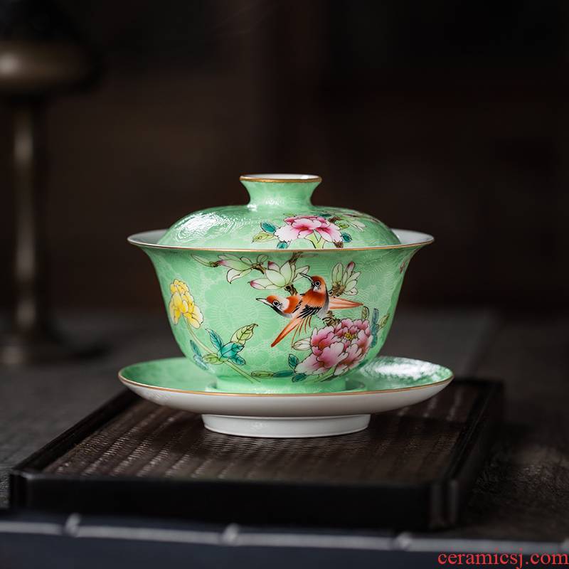 The Owl up with jingdezhen ceramic tureen manually only three cups of grilled flower color glaze hand - made kung fu tea tea bowl