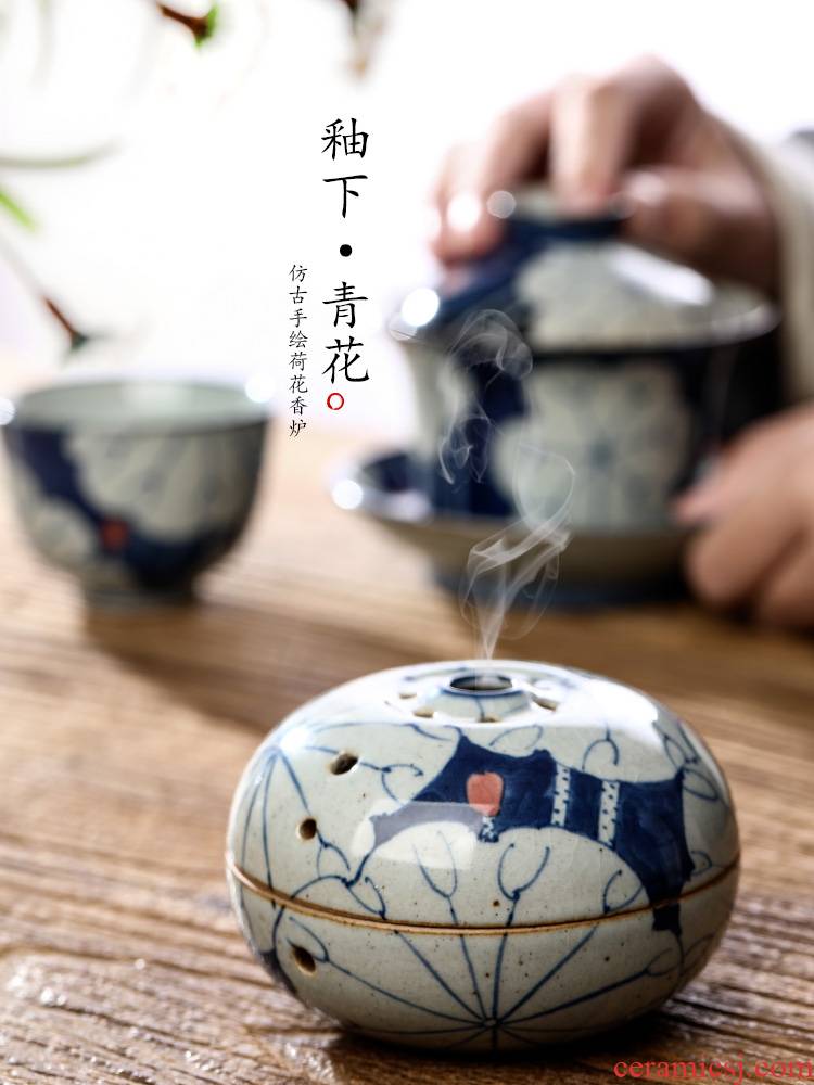 Ken shun ke censer jingdezhen blue and white lotus hand - made ceramic sandalwood aroma furnace accessories checking out the tea