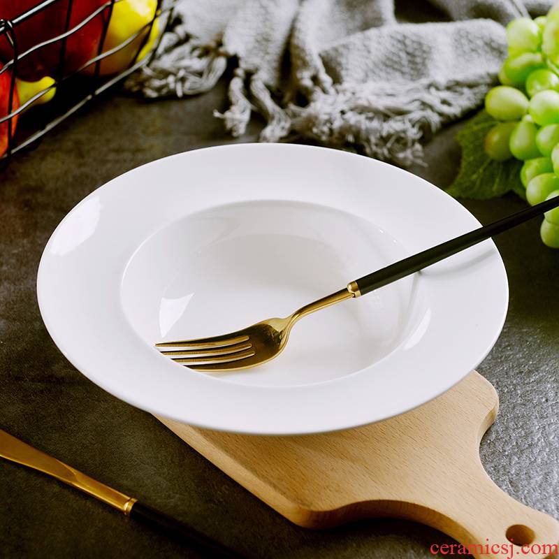 Pure white glaze color creative deep circular plate under hotel ceramic pasta dish home 8 inches European food dish