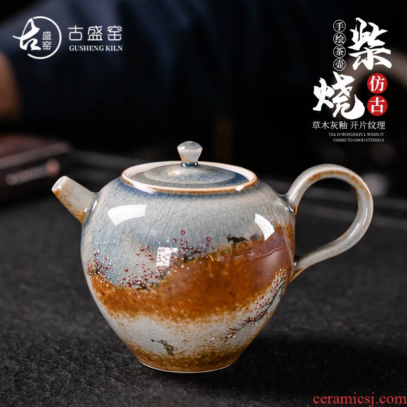 Ancient sheng up with pure manual plant ash wood, hand - made ceramic teapot single pot pot of high - end teapot can open piece of kung fu