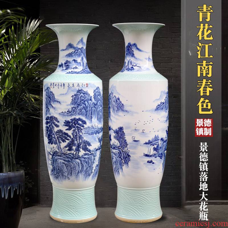 Jingdezhen blue and white porcelain hand - made jiangnan spring scenery of large vase sitting room porch TV ark, study place decoration