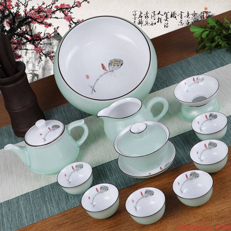 Jingdezhen ceramic hand - made kung fu tea set high - grade tea Chinese style white porcelain celadon tureen tea cups