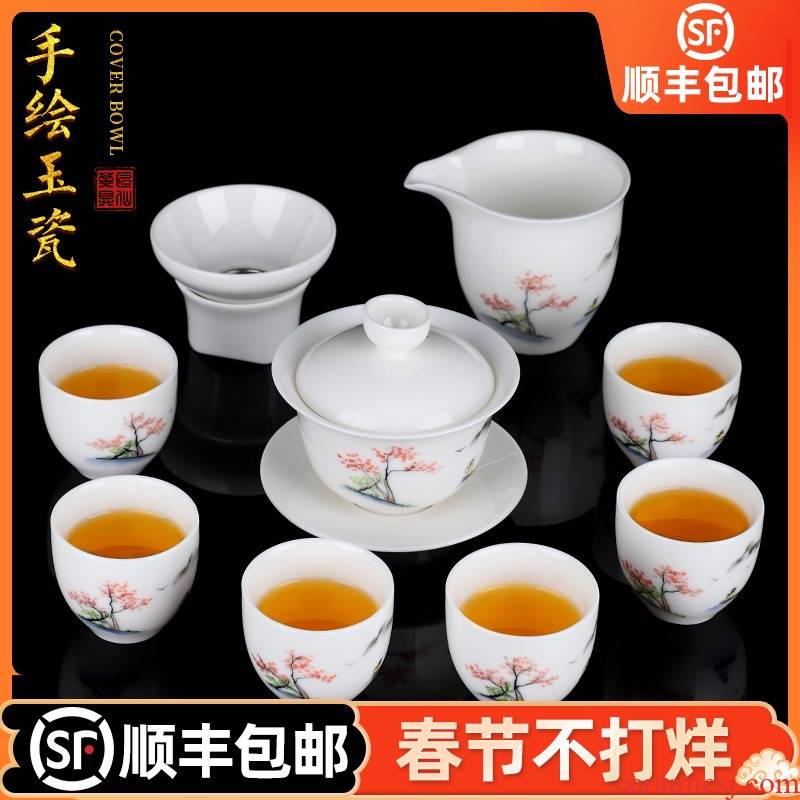 Artisan fairy hand - made dehua white porcelain tea set home sitting room is contracted tureen box office to receive a visitor