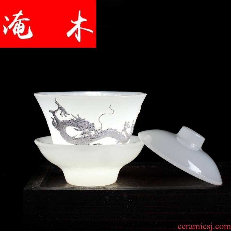 Flooded wood tureen jingdezhen kung fu tea tea cups coloured glaze jade porcelain dielectric ceramic three of the bowl bowl bowl sets