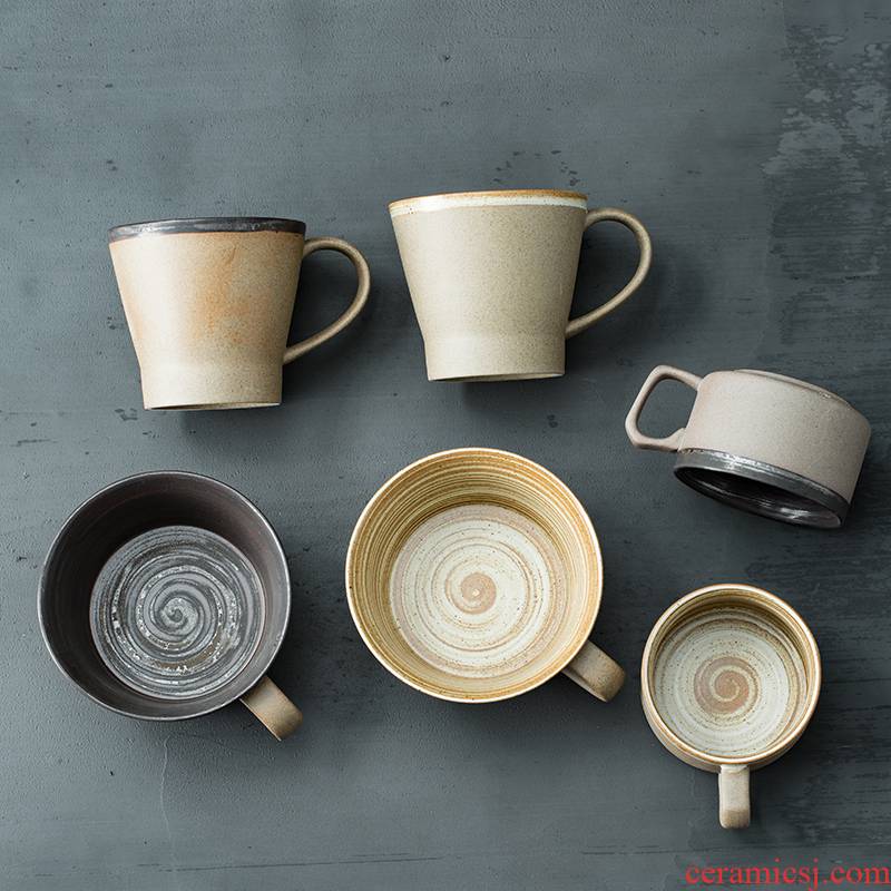 Japanese coarse pottery checking out creative picking cups of coffee cup retro move breakfast milk cup art mugs