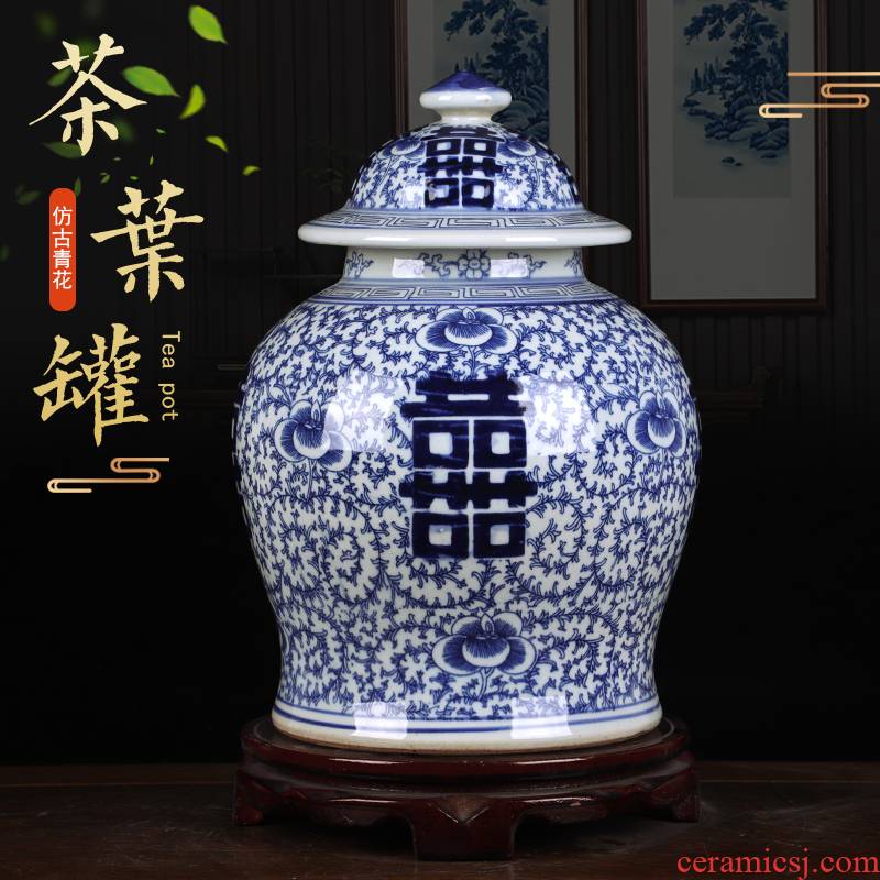 Jingdezhen blue and white happy character vase home sitting room adornment of blue and white porcelain tea storage Chinese ceramic furnishing articles