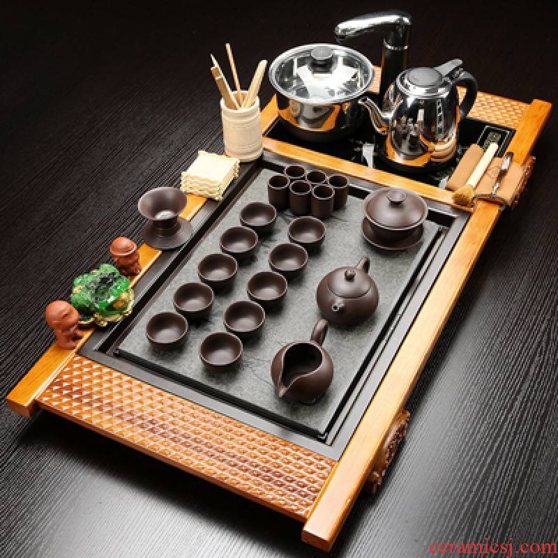 Hui shi violet arenaceous kung fu tea set suit household contracted ceramic induction cooker sharply stone of a complete set of solid wood tea tray