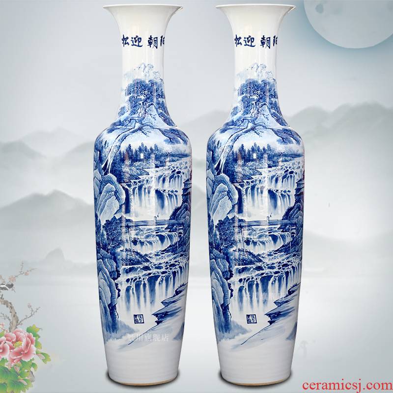 Blue and white porcelain of jingdezhen ceramics hand - made pine greet chaoyang landing big vase home sitting room adornment is placed