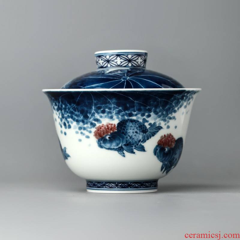 Jingdezhen blue and white youligong kung fu tea tureen tea cups Lin Yuehong pure manual hand - made goldfish bowl is Chinese style