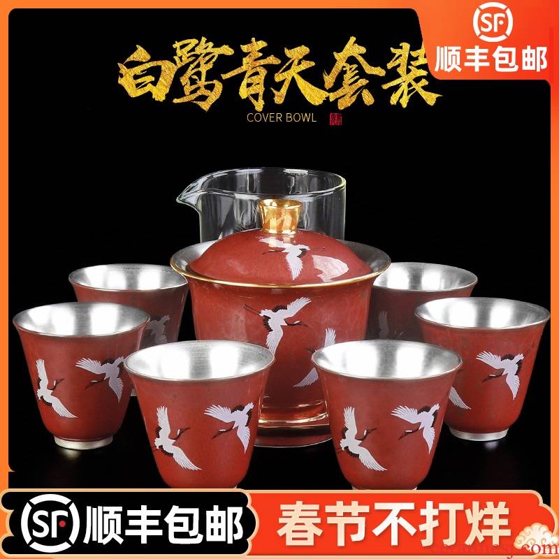 Artisan fairy high - grade coppering. As silver suit hand - made household checking ceramic kung fu tea set suit tureen tea cups
