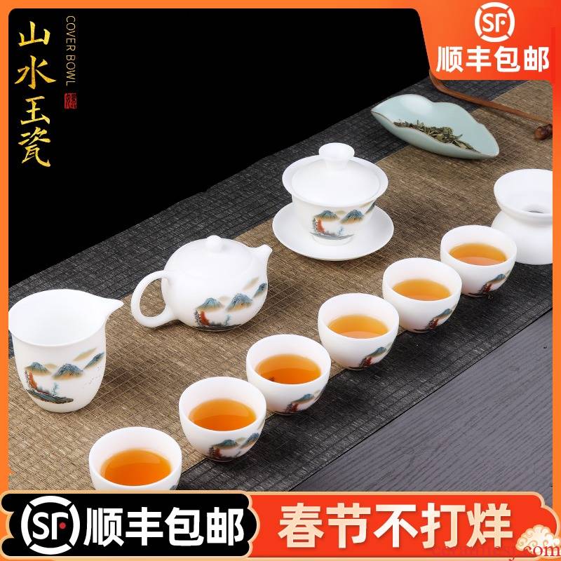 Artisan fairy dehua white porcelain hand - made kung fu tea sets suit household ceramic teapot of a complete set of tea cups