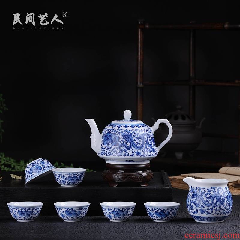 Jingdezhen hand - made kung fu tea fair ceramic teapot household travel blue and white of a complete set of tea set tea service