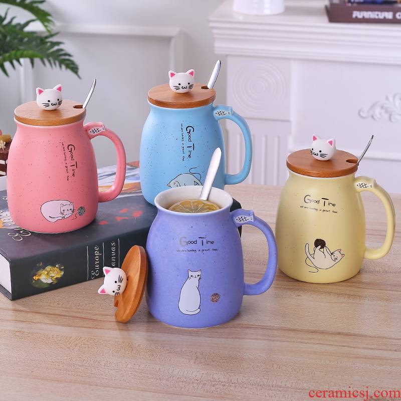 Super of creative mugs contracted wooden cover it with a spoon, meow star household glass ceramic keller cup express children personalities