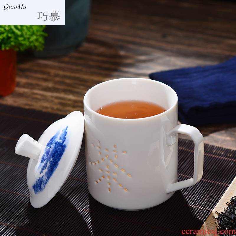 Qiao mu jingdezhen ceramic cups with cover household double hollow out tea cup large glass office gift customization