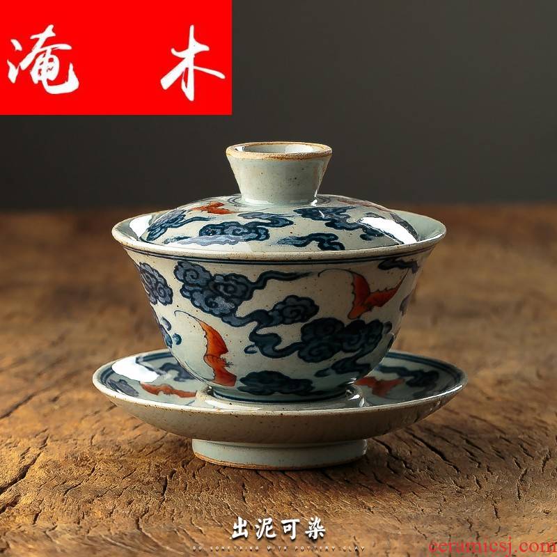 Flooded the wooden hand only three large blue and white porcelain tea tureen suit jingdezhen ceramic cups three sets of kung fu