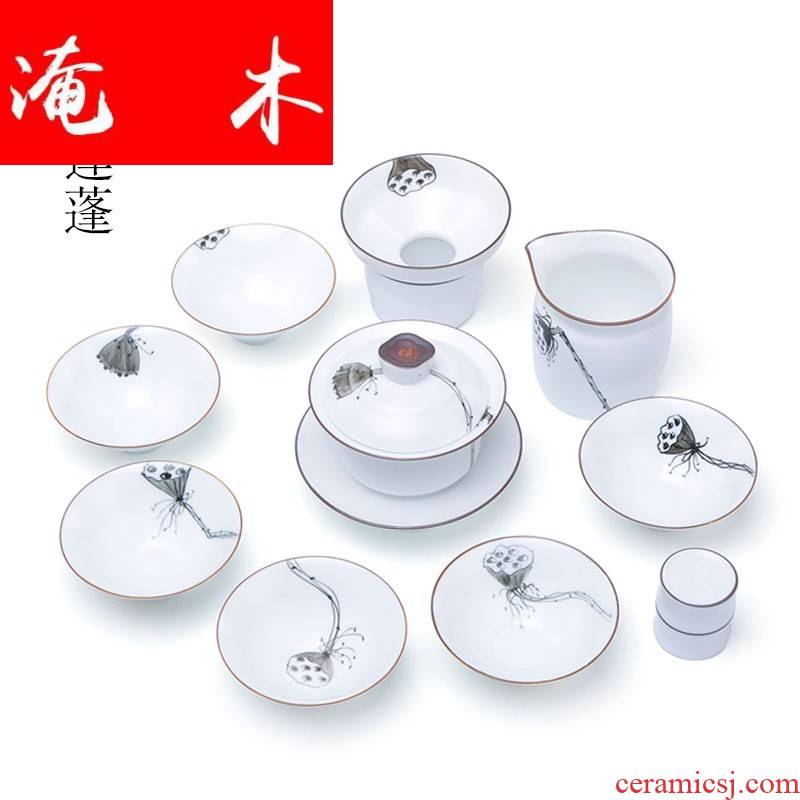 Submerged wood inferior smooth white porcelain hand - made lotus kung fu tea set a complete set of ceramic tureen tea gift set logo