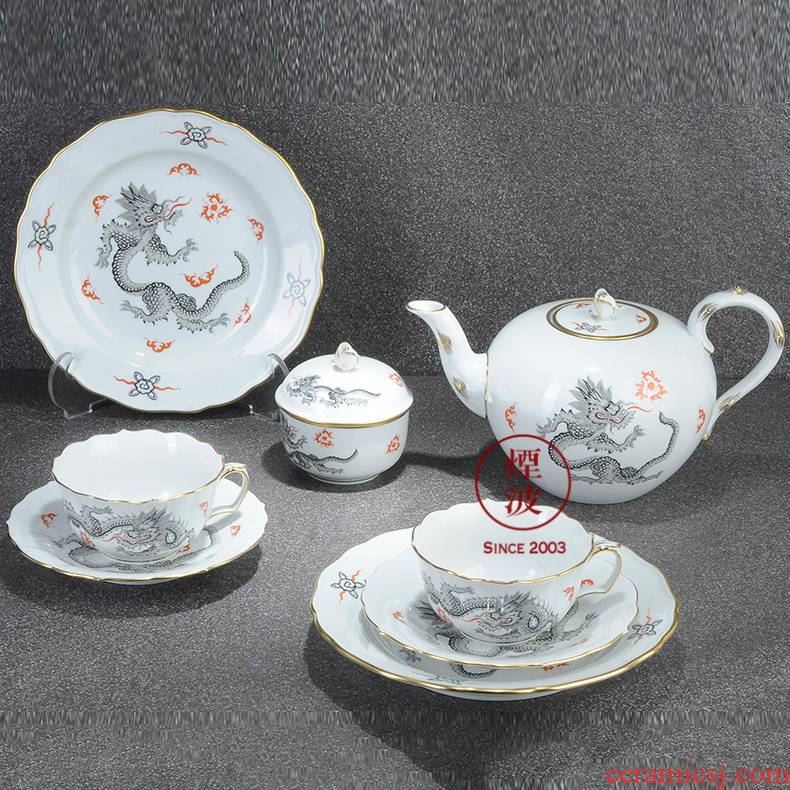 German mason new clipping black Ming dragon MEISSEN porcelain teapot teacup tea set group