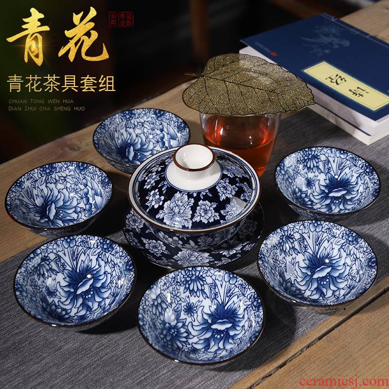 Hui shi blue tureen hat to large household receives a visitor three was a complete set of kung fu tea set blue and white porcelain tea bowl