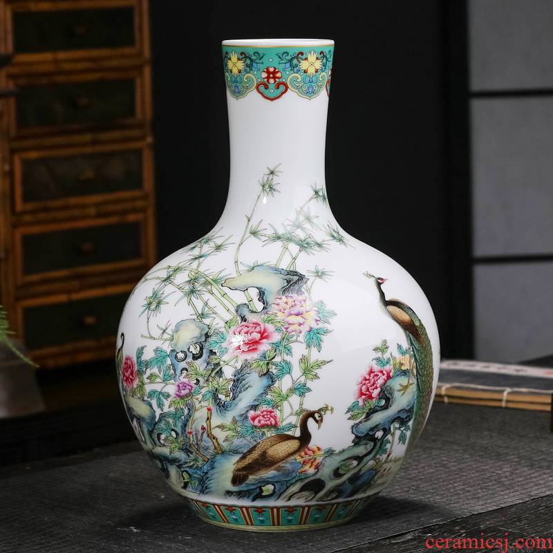Jingdezhen ceramics peacock enamel vase furnishing articles of Chinese style living room home rich ancient frame wine ark, adornment