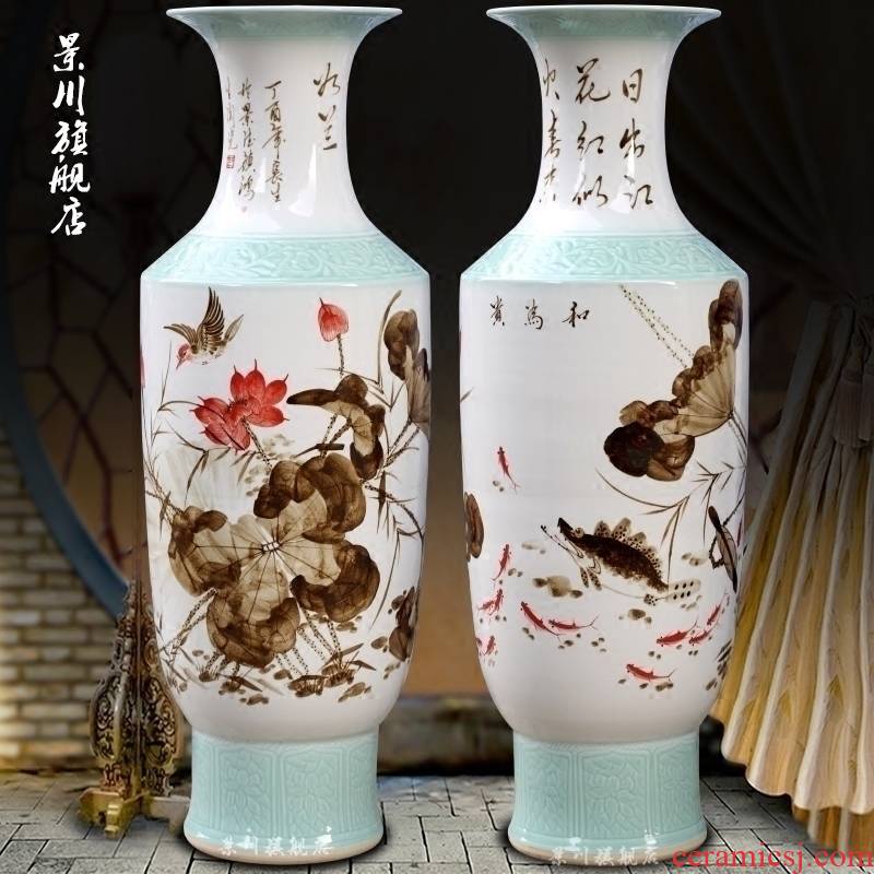 Jingdezhen ceramic fish hand - made harmony lotus sitting room be born big vase household adornment office furnishing articles