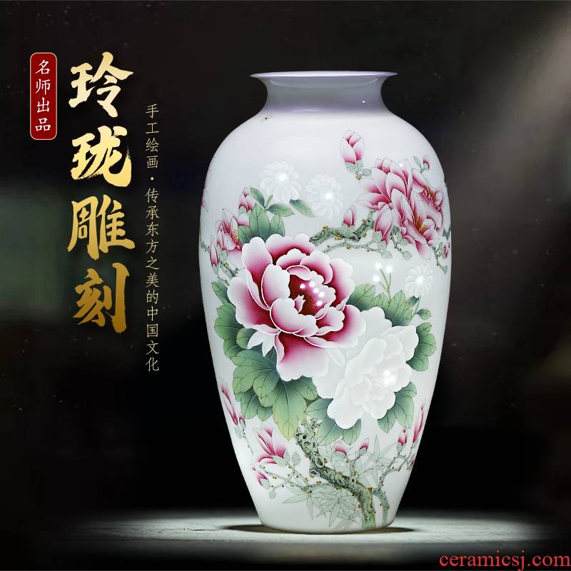 Jingdezhen ceramics master hand carved peony vases, large sitting room of the new Chinese style household decorations furnishing articles