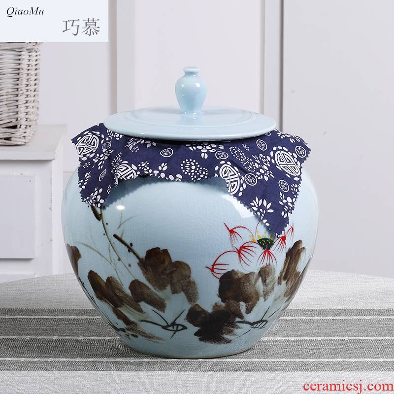 Qiao mu ceramics with cover barrel household 30 kg sealed storage bins insect - resistant moistureproof 15 kg rice jar of jingdezhen