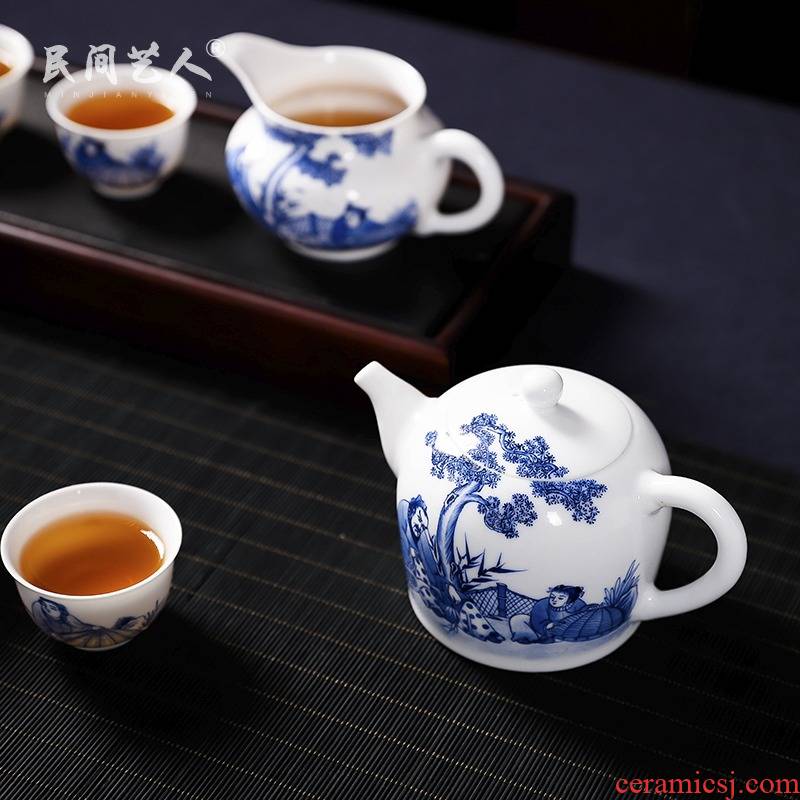 Jingdezhen blue and white glaze pure hand - made tea set under the teapot kung fu tea kettle sample tea cup