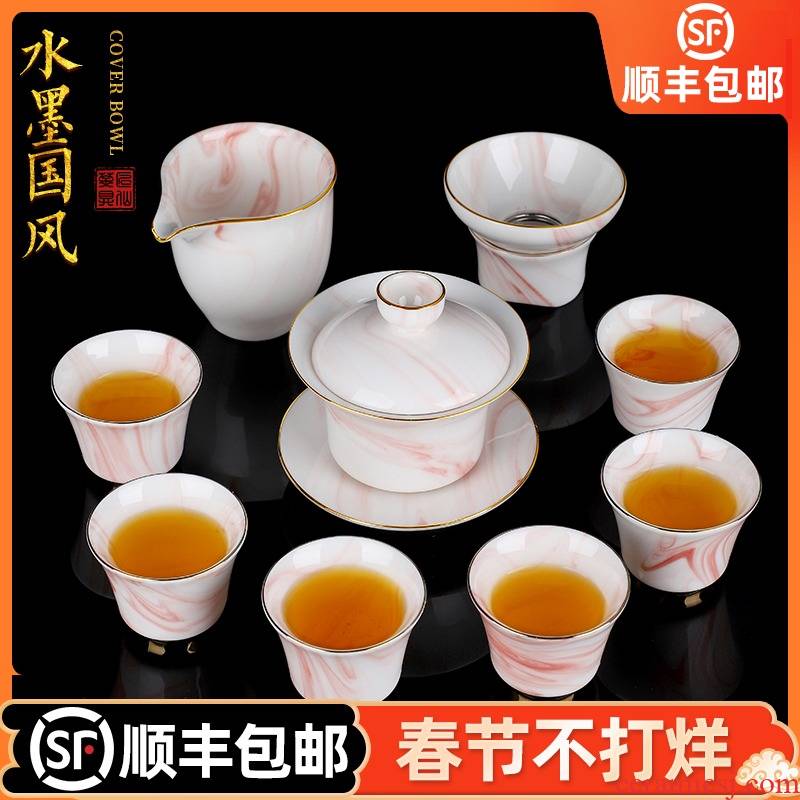 Huai artisan fairy ink white porcelain tureen tea set ceramic household hand paint kung fu tea set gift boxes