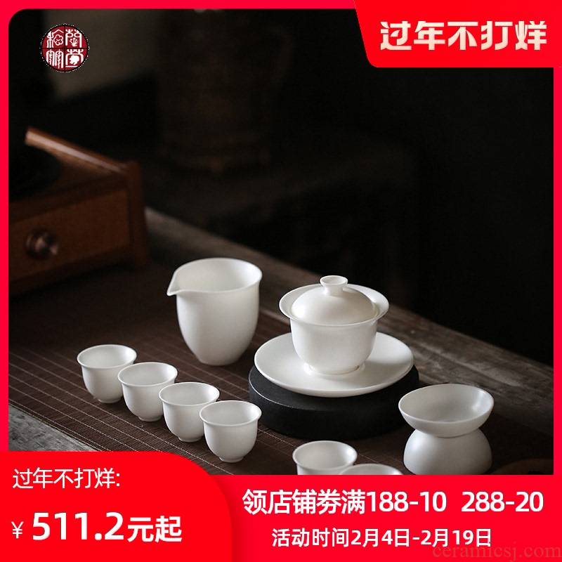 Dehua white porcelain thin body suit household kunfu tea suet jade tureen tea six people make tea of a complete set of living room