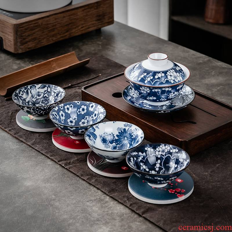 Hui shi blue - and - white porcelain cup suit kung fu tea set blue and white porcelain ink Chinese wind blue sample tea cup hat to a cup of tea