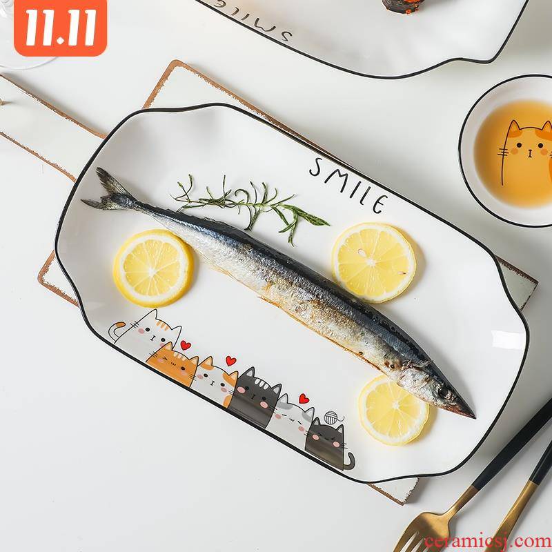 Nordic contracted creative ears fish plate microwave oven steamed fish dishes ceramic cat rectangle hot dishes