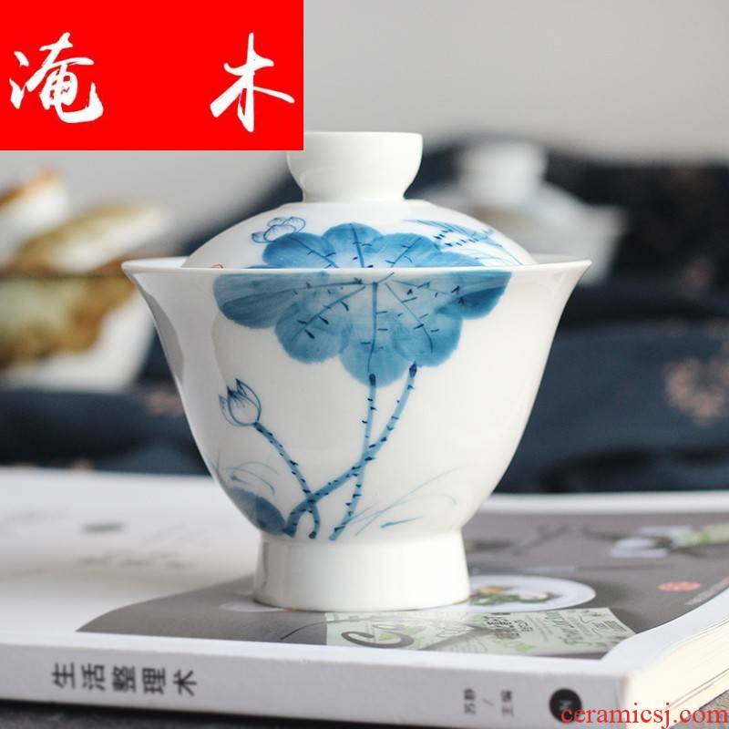 Submerged wood jingdezhen hand - made tureen large three cups to kung fu tea tea set blue and white porcelain cup bowl ceramics