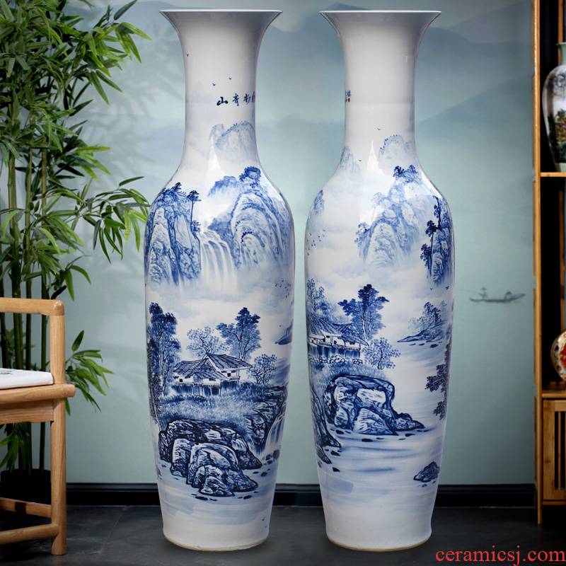 Jingdezhen blue and white porcelain painting landscape painting of large vase sitting room TV cabinet study Chinese style household furnishing articles