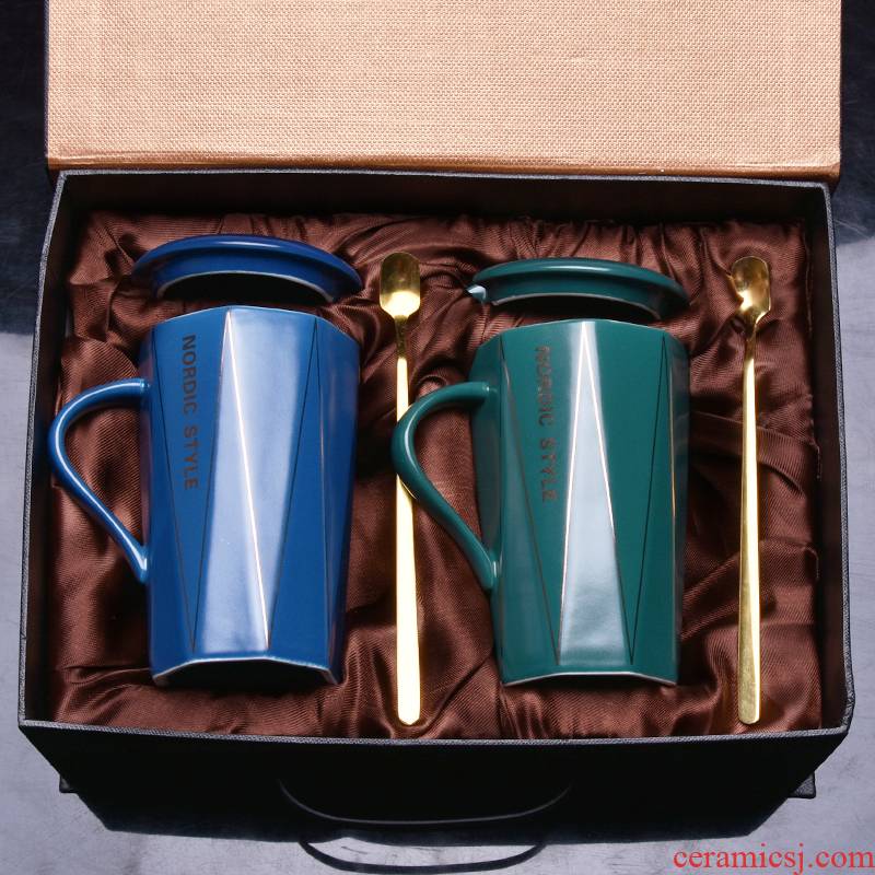 Household water mark cup with cover spoon gift box creative trend couples glass printing move ceramic coffee cups