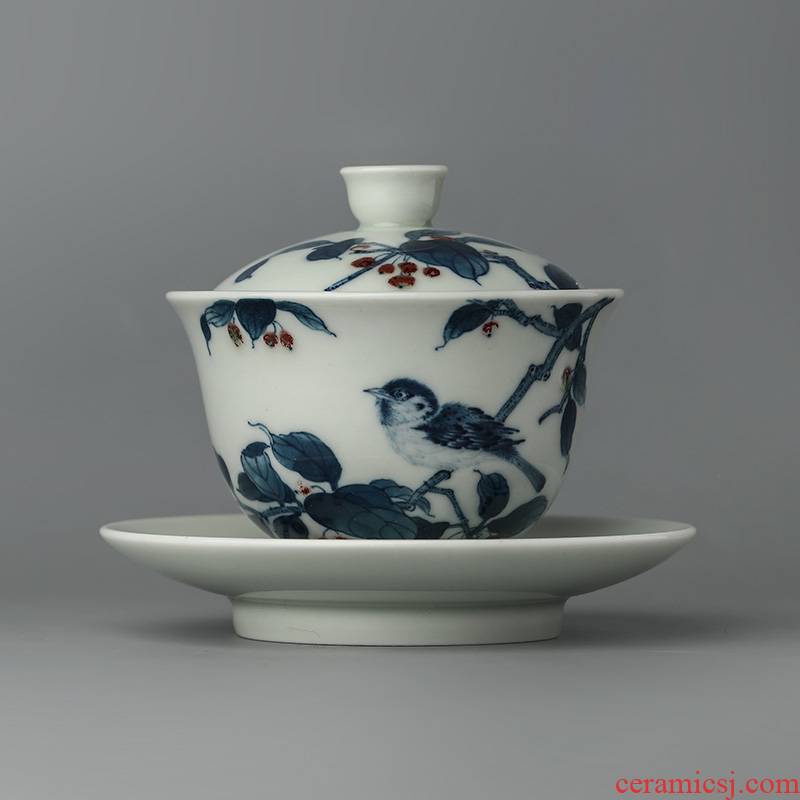 Lin Yuehong hand - made porcelain youligong only three hand bowl jingdezhen kung fu tea tureen tea cups