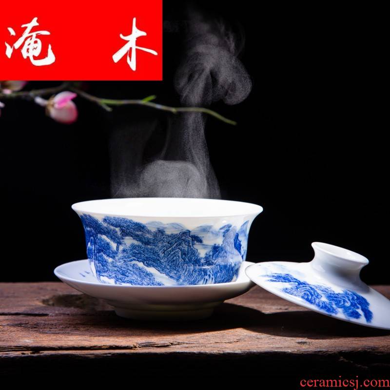 Submerged wood tureen ceramic cups large only three to use manual kung fu tea bowl of pure hand - made of blue and white porcelain of jingdezhen